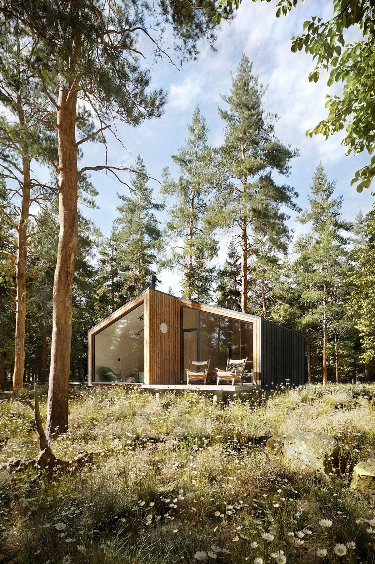 Casa modular de madeira integrada na floresta